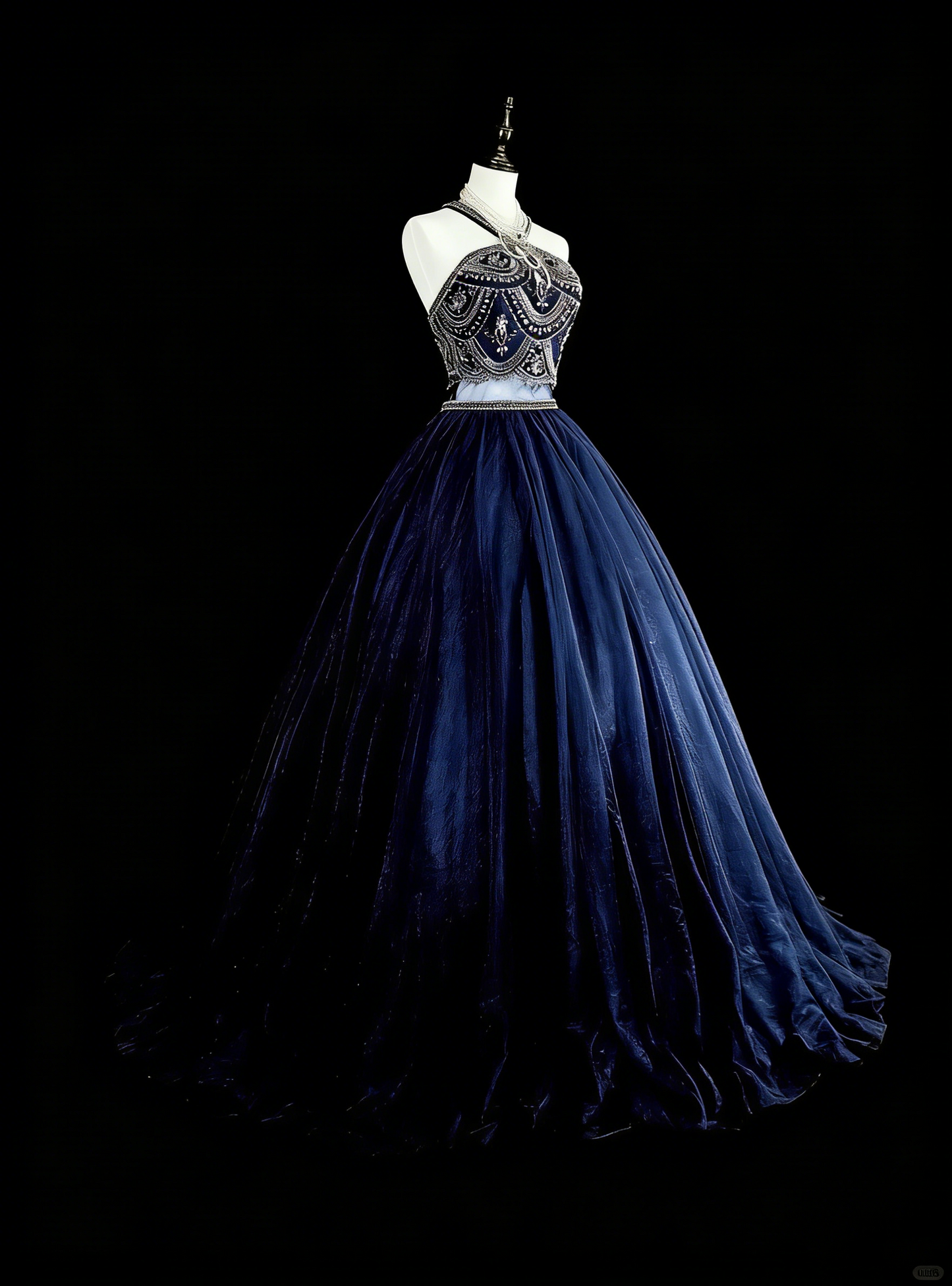 Vintage Ball Gown High Neck Navy Blue Tulle With Beadings Sleeveless 70s Prom Dresses Long Formal Party Gown N1485
