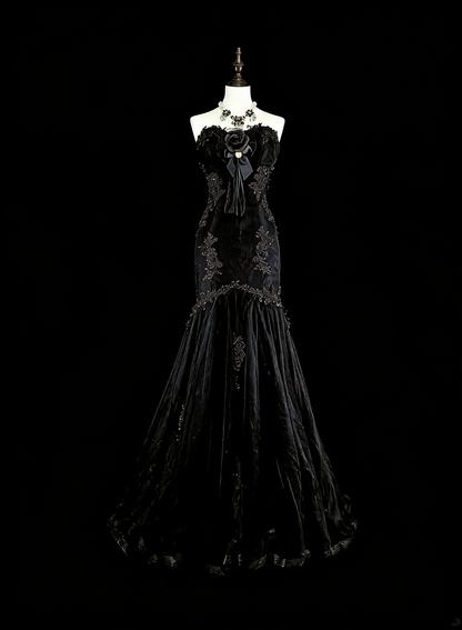 Vintage Prom Dresses Aesthetic Mermaid Sweetheart Black Tulle With Appliques Long Formal Dress N2157