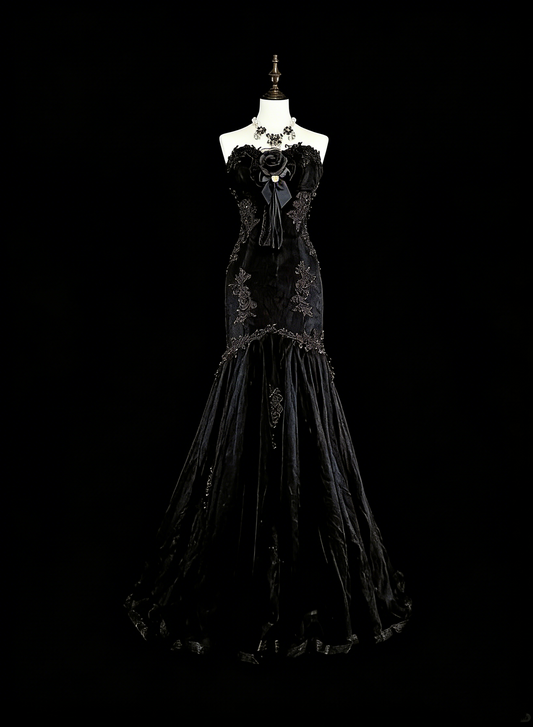 Vintage Prom Dresses Aesthetic Mermaid Sweetheart Black Tulle With Appliques Long Formal Dress N2157