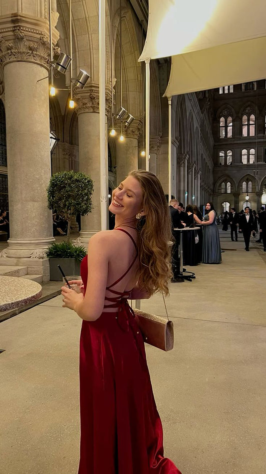 Simple A line Spaghetti Strap Burgundy Backless Prom Dresses For Teens Formal Dress Party Outfits Prom Gowns AB1037