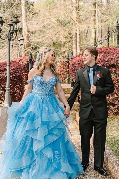 Cute Ball Gown Off The Shoulder Light Sky Blue Lace Tulle Prom Dresses Party Dress Birthday Outfits Graduation Dress AB1041