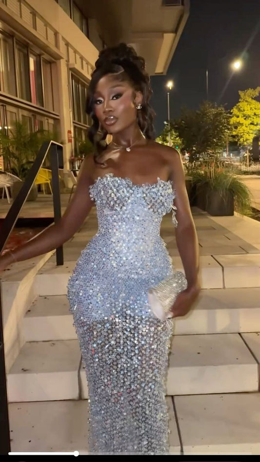 Sparkly Mermaid Strapless Sequin With Beading Evening Dresses Night Date Prom Dress For Blak Girls Women AB2567