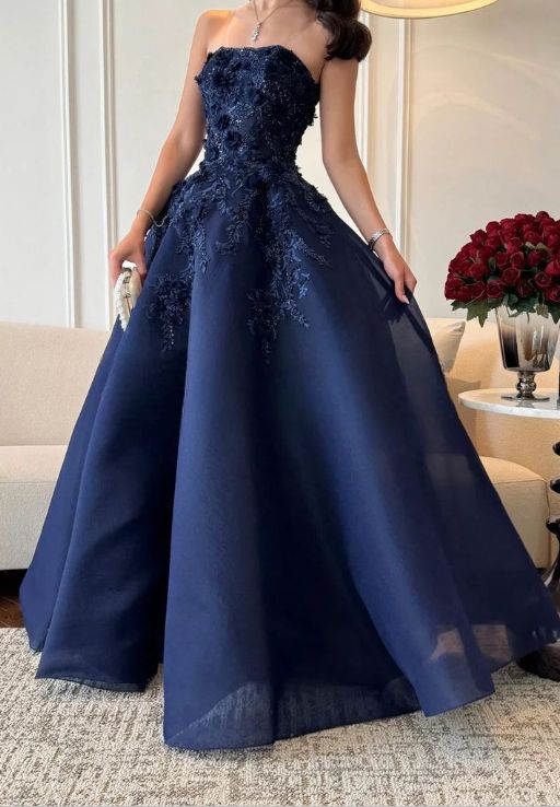 Elegant Navy Blue Strapless Appliques A Line Prom Dress Evening Dress Vestidos De Dia AB512
