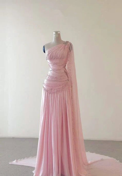 Classy Sheath One Shoulder Pink Long Chiffon Evening Gown Prom Dresses Formal Gowns AB525