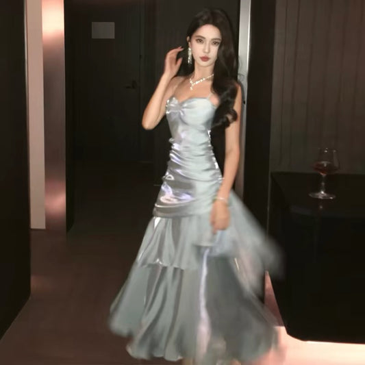 Shiny Mermaid Light Sky Blue Spaghetti Straps Dance Party Dress Girls Graduation Prom Dresses NN829
