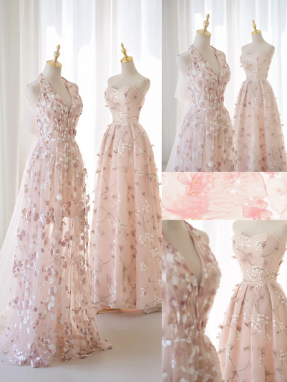 Cute A line Halter Floral Tulle Pink Long Prom Dresses Impress 19th Birthday Outfits Prom Gown AB1004