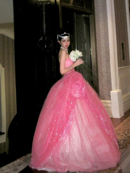 Sparkly Ball Gown Strapless Pink Sequin Long Quinceanera Dress Birthday Luxury Sweet 15 16 Birthday Outfits N074