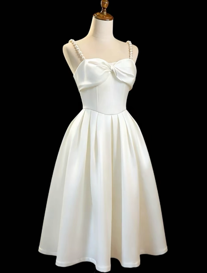 Cute A Line Spaghetti Strap White Satin Knee Length High School Ideas Homecoming Dress Inspo Birthday Dresses Senior Graduation Outfits RB7181