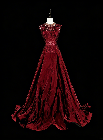 Retro A line Scoop Burgundy Lace Sleeveless 70s Prom Dresses Long Formal Party Gowns N1486