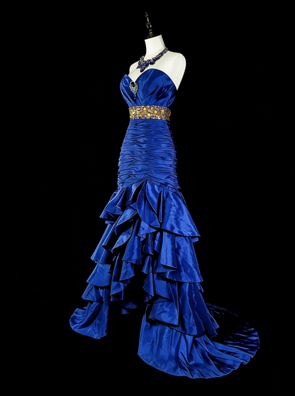 Vintage Prom Dresses Mermaid Sweetheart Royal Blue High Low With Beads Long Party Dress N2370