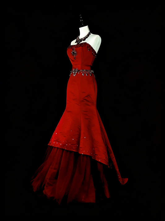 Modest Mermaid Strapless Red Tulle Long Summer For High Schools Prom Dresses Spring Formal Dress N1426