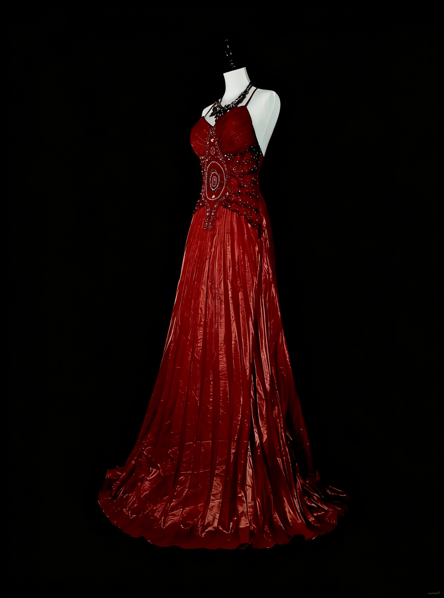 Vintage Prom Dresses A line Halter Spaghetti Strap Burgundy With Beading 1980s Long Formal Gown N2704