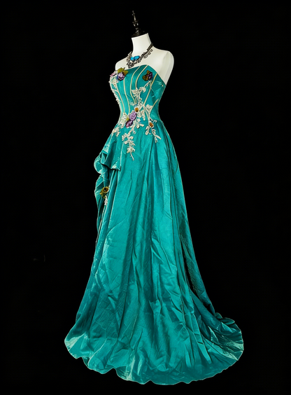 Vintage A line Strapless Blue 70s Satin With Appliques Long Prom Gown Party Wear Fashion Dresses N1830