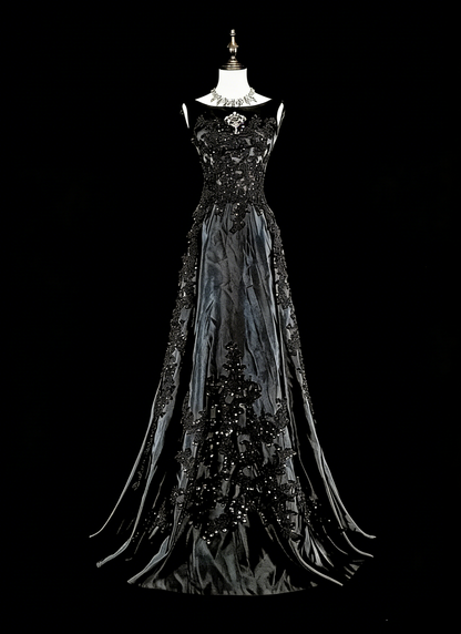 Vintage Prom Dresses Aesthetic A line Scoop Black Tulle With Appliques Long Formal Dress N2158
