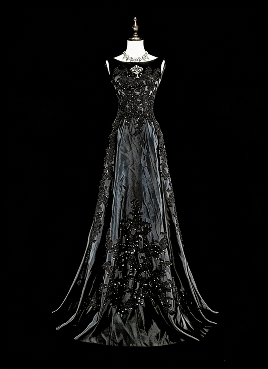 Vintage Prom Dresses Aesthetic A line Scoop Black Tulle With Appliques Long Formal Dress N2158