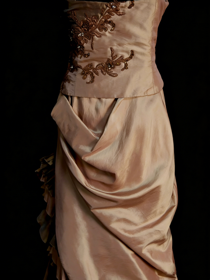 Chic Mermaid Asymmetrical Spaghetti Strap Brown Satin With Beads Senior Prom dresses High School Long Formal Dress N1255