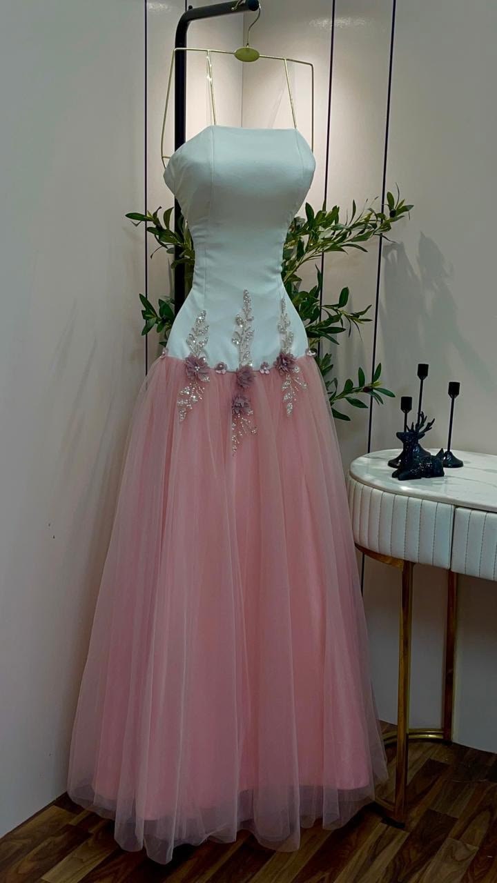 New Women’s Prom Dress A Line Strapless White Tulle Pink Elegant Formal Graduation Party Gown RB9548