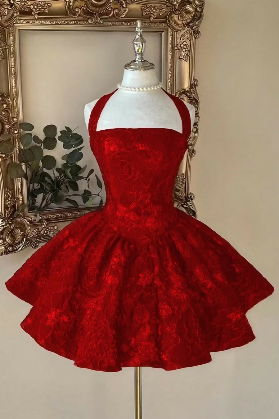 Sexy Ball Gown Halter Red Lace Corset Fitted Back Homecoming Dresses Party Cocktail Hoco Outfits RB8745