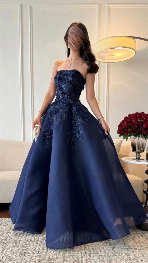 Elegant Navy Blue Strapless Appliques A Line Prom Dress Evening Dress Vestidos De Dia AB512