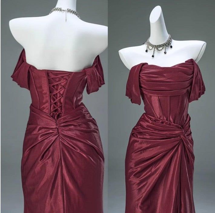 Elegant Pleated Satin Formal Mermaid Evening Dress,Fahsion Graudation Prom Dresses With Off-The-Shoulder N1870