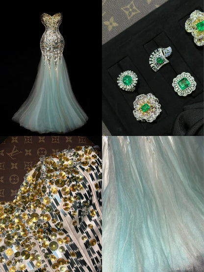 Classy Mermaid Sweetheart Blue Tulle With Gold Beading Long Prom Dresses Formal Outfits Evening Party Dress RB8260