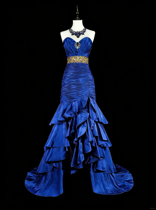 Vintage Prom Dresses Mermaid Sweetheart Royal Blue High Low With Beads Long Party Dress N2370