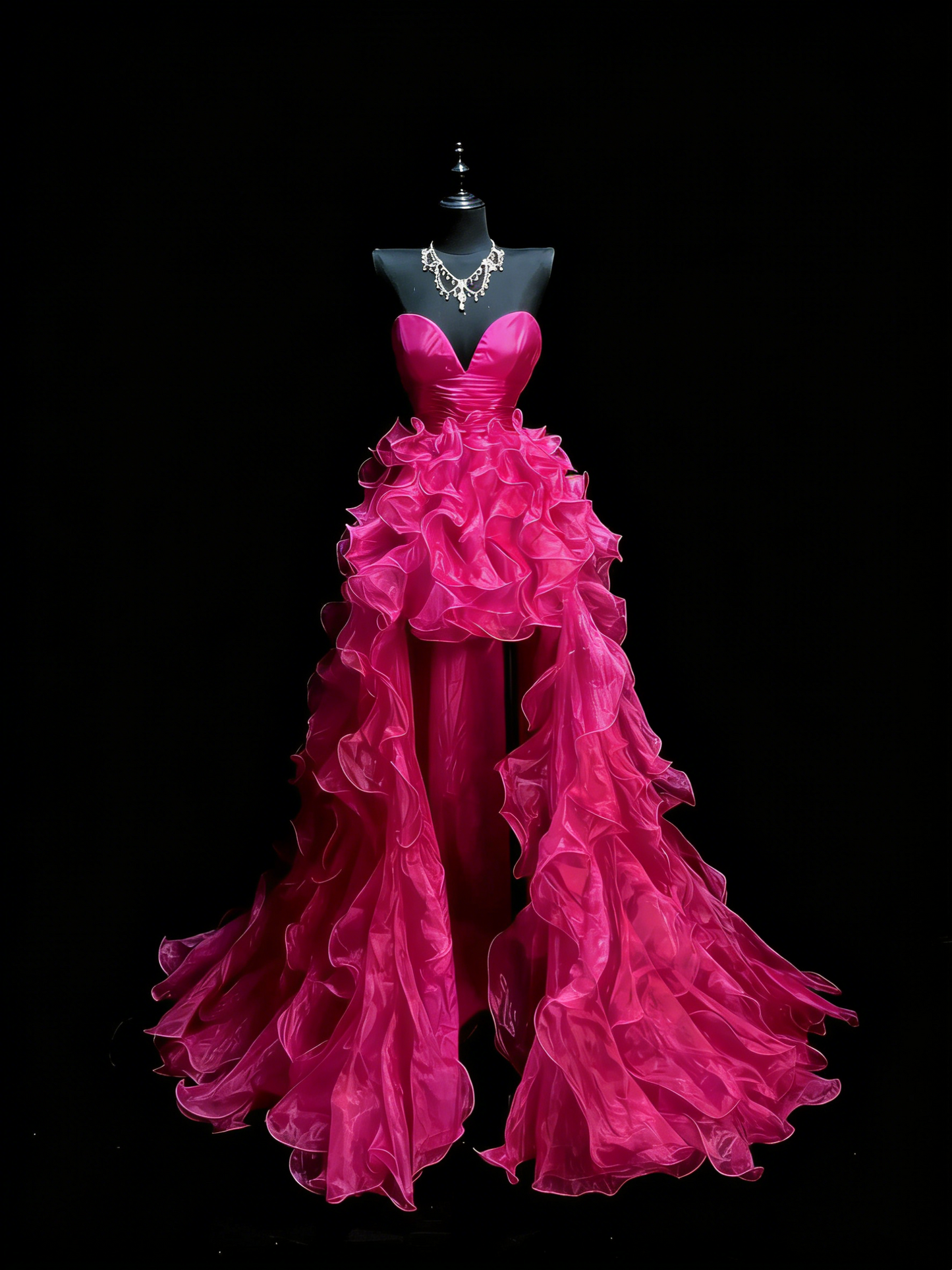 Elegant High Low Sweetheart Hot Pink Organza Floor Length Inspiration Long Prom Dress N1195