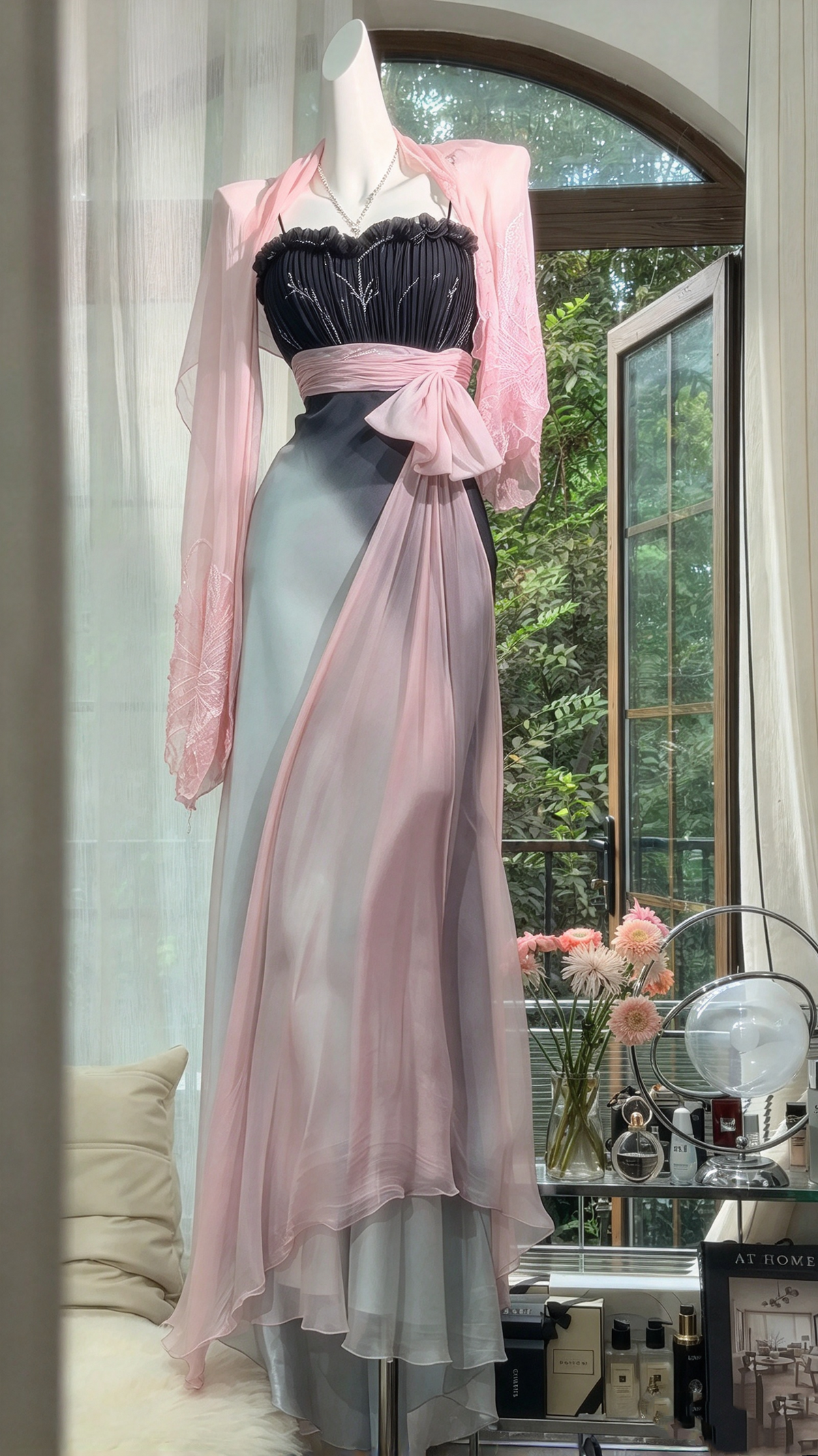 Stunning Prom Dresses A Line Spaghetti Straps Gradient Pink Chiffon With Ruffled Long Formal Dress RC1257