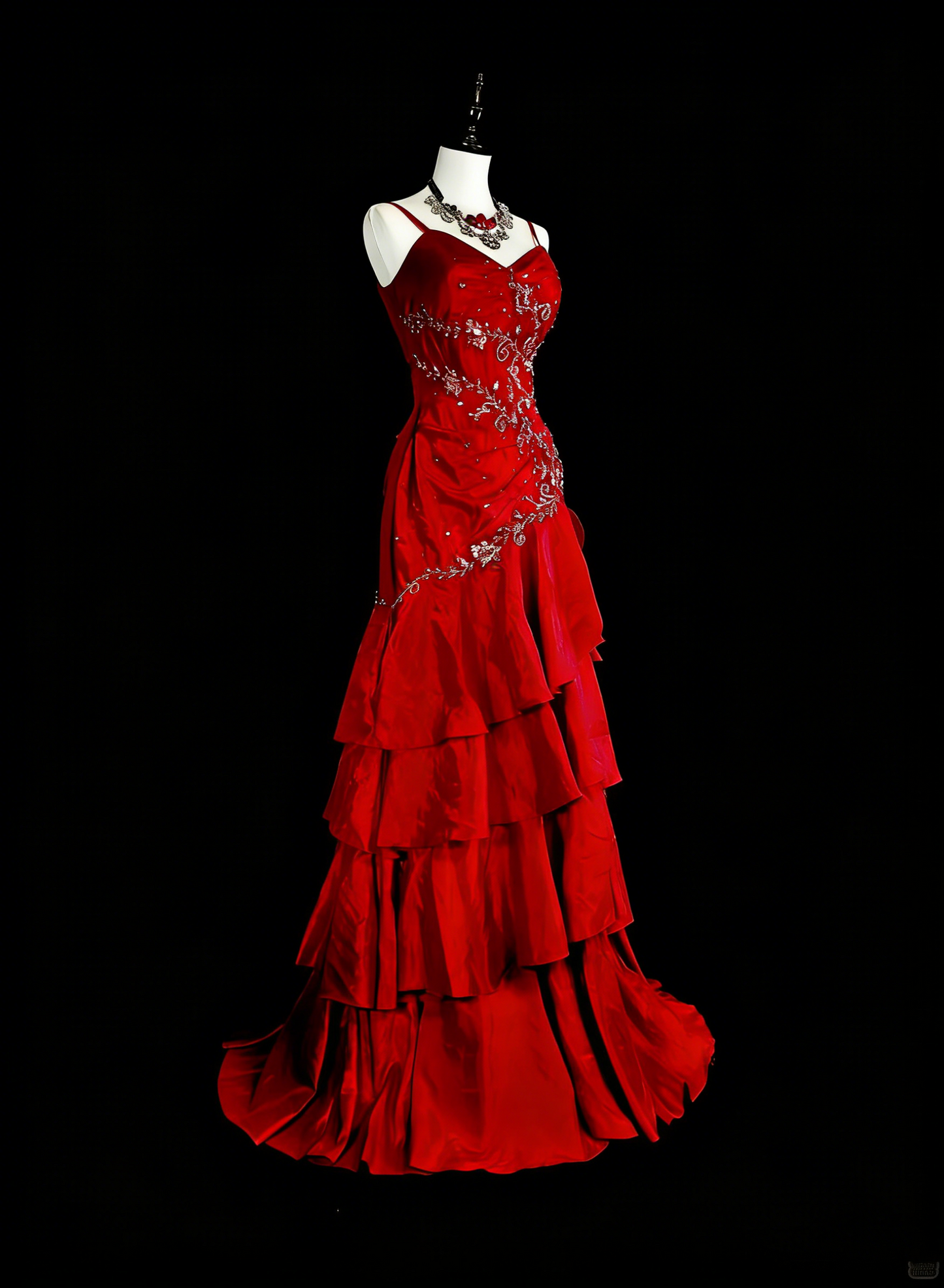 Vintage 1980s Mermaid Spaghetti Straps Red With Appliques Sleeveless Long Prom Formal Dresses N1601
