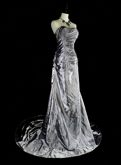 Vintage Prom Dresses Aesthetic Mermaid Strapless Silver Grey Taffeta Classic Inspo Party Dress N2001