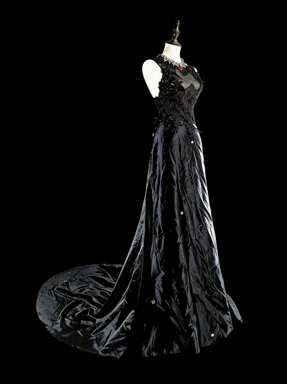Vintage Prom Dresses Aesthetic A line Scoop Black Satin With Appliques Long Formal Dress N2159