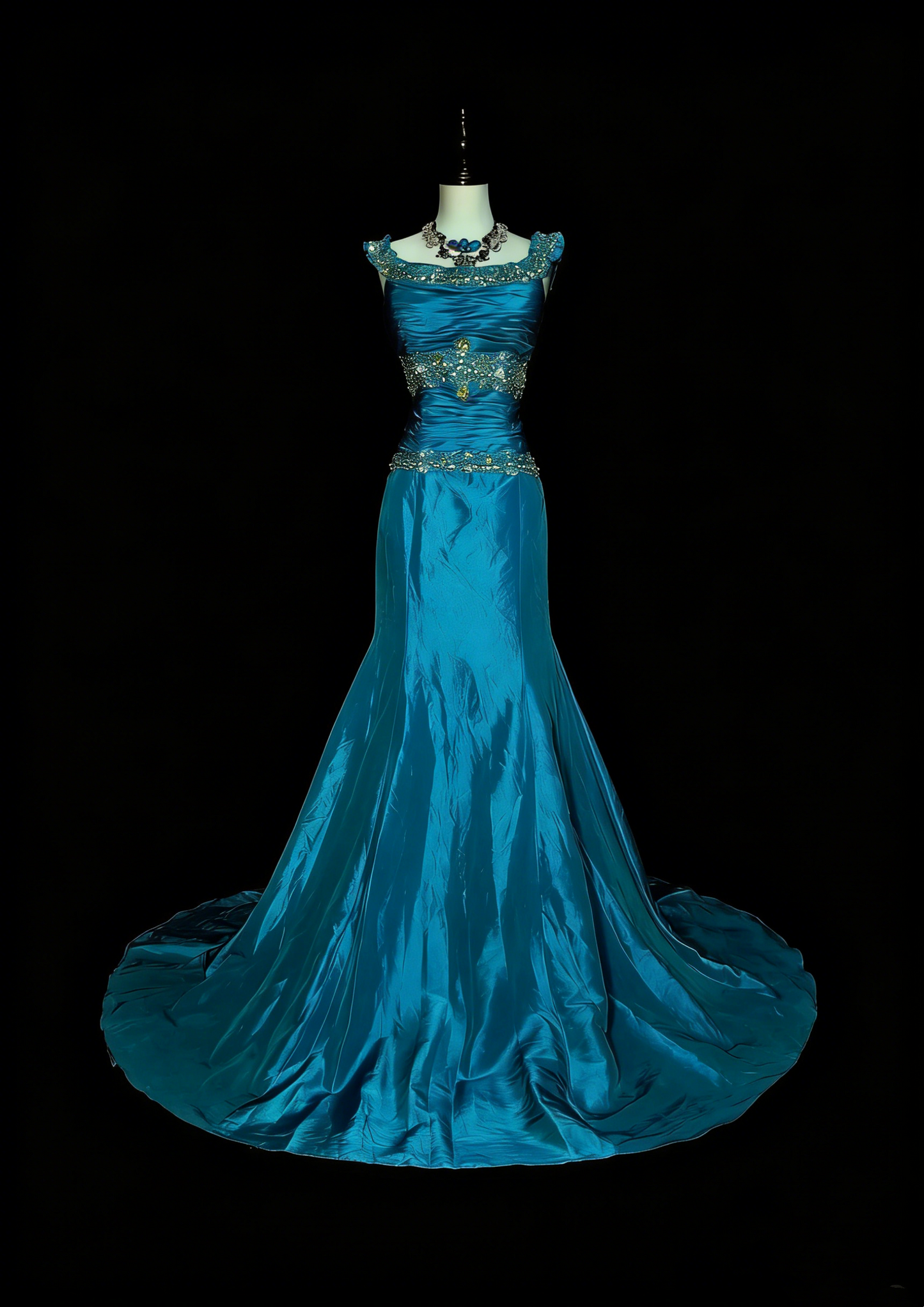 Vintage Mermaid Square Neck Blue With Beaded Long Summer Prom Dresses Spring Formal Party Dress N1422