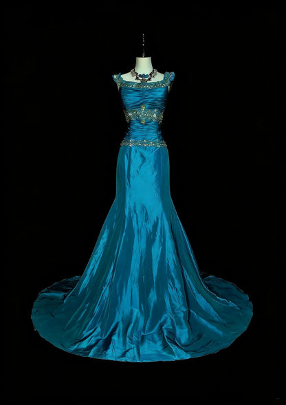 Vintage Mermaid Square Neck Blue With Beaded Long Summer Prom Dresses Spring Formal Party Dress N1422