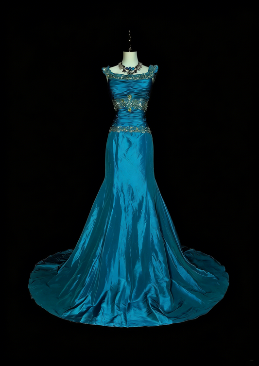 Vintage Mermaid Square Neck Blue With Beaded Long Summer Prom Dresses Spring Formal Party Dress N1422