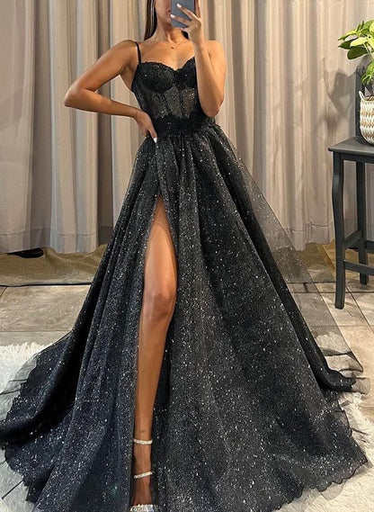 Black Prom Dresses Ball-Gown Sweetheart Sleeveless Tulle Prom Dress With Split Front N799