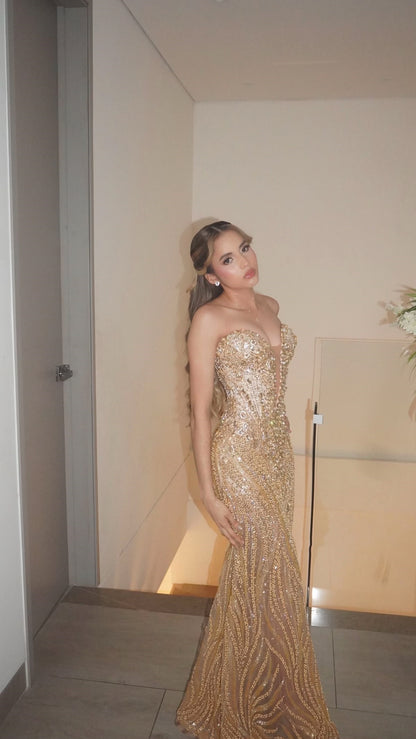 Gorgeous Mermaid Sweetheart Prom Dresses Gold Sequin Beaded Crystals Long Formal Evening Party Gown N810