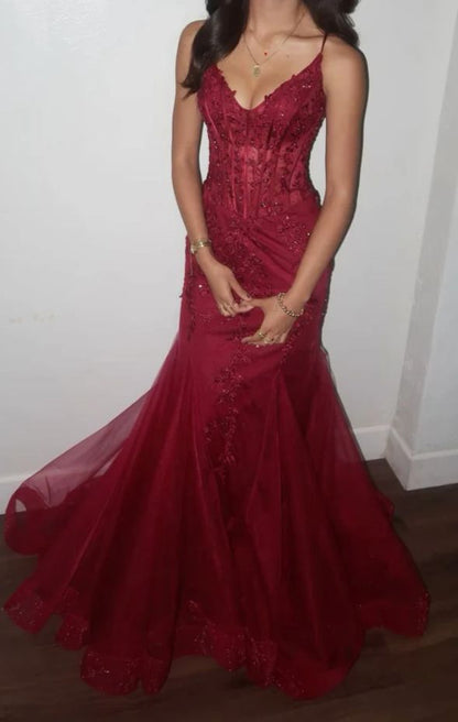 Modest Mermaid Spaghetti Straps Burgundy Lace Tulle Prom Dresses Inspiration Prom Dress Princess Graduation Dress B356