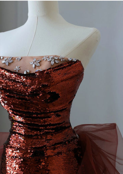 Mermaid Burgundy Mermaid Sequins Tulle Strapless Prom Dress Inspiration Prom Dresses AB127