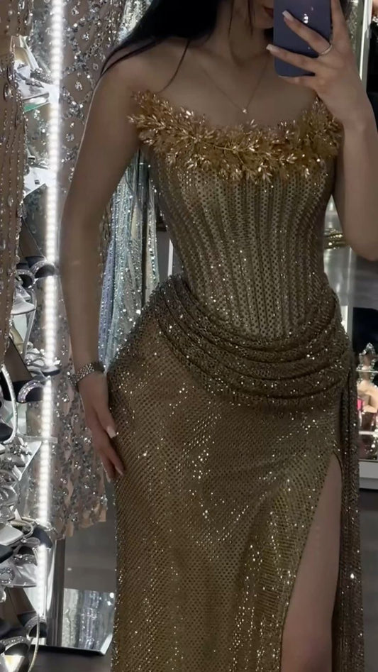 Sexy Mermaid Strapless Gold Sequin With Split Beaded Prom Dresses Long Evening Formal Gown Wedding Party Gowns N363