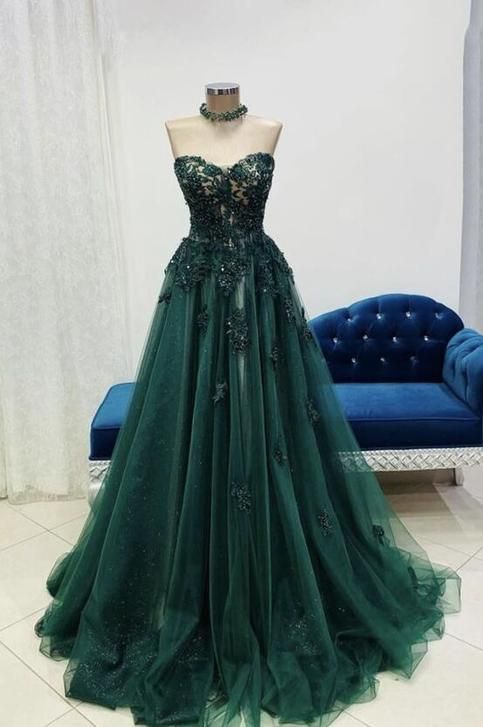 Chic A line Sweetheart Green Lace Long Prom Dress Evening Formal Gowns AB459