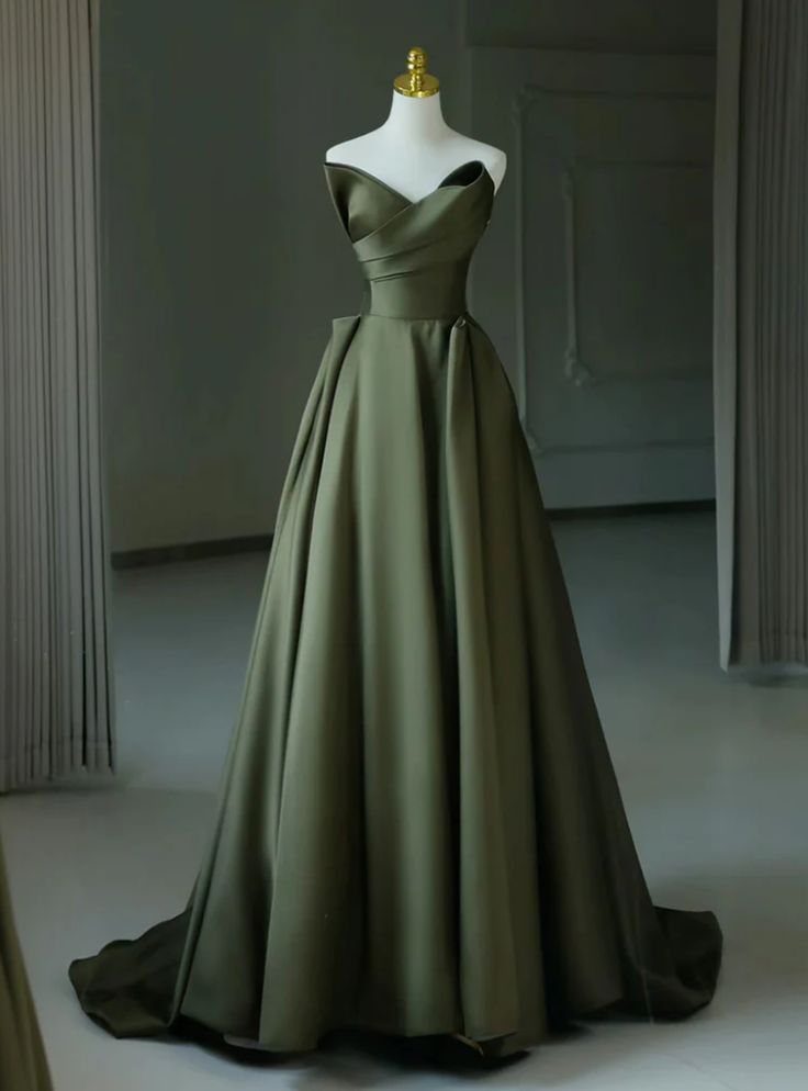 Graceful A line Strapless Green Satin Strapless Pleats Prom Dress Party Gowns AB436