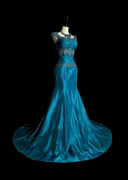 Vintage Mermaid Square Neck Blue With Beaded Long Summer Prom Dresses Spring Formal Party Dress N1422