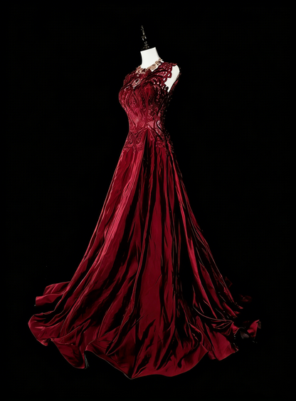Retro A line Scoop Burgundy Lace Sleeveless 70s Prom Dresses Long Formal Party Gowns N1486