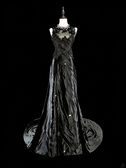 Vintage Prom Dresses Aesthetic A line Scoop Black Satin With Appliques Long Formal Dress N2159