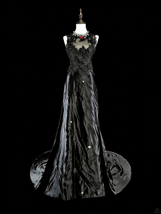 Vintage Prom Dresses Aesthetic A line Scoop Black Satin With Appliques Long Formal Dress N2159