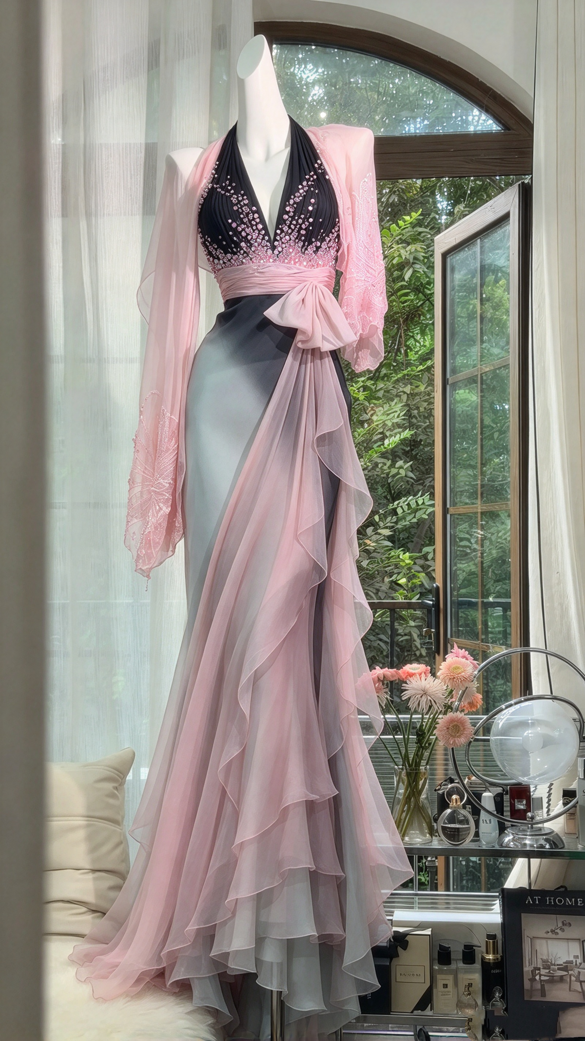 Sexy Mermaid Halter Gradient Pink Chiffon Scarf Ruffled Long Prom Dresses Inspo Party Gown RC1258