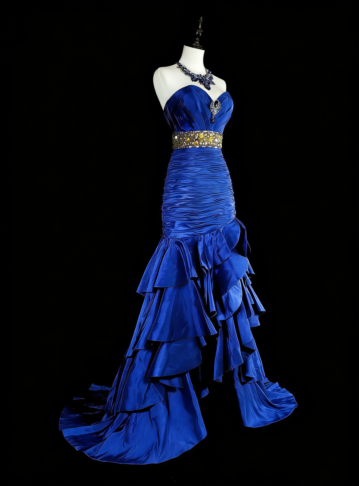 Vintage Prom Dresses Mermaid Sweetheart Royal Blue High Low With Beads Long Party Dress N2370