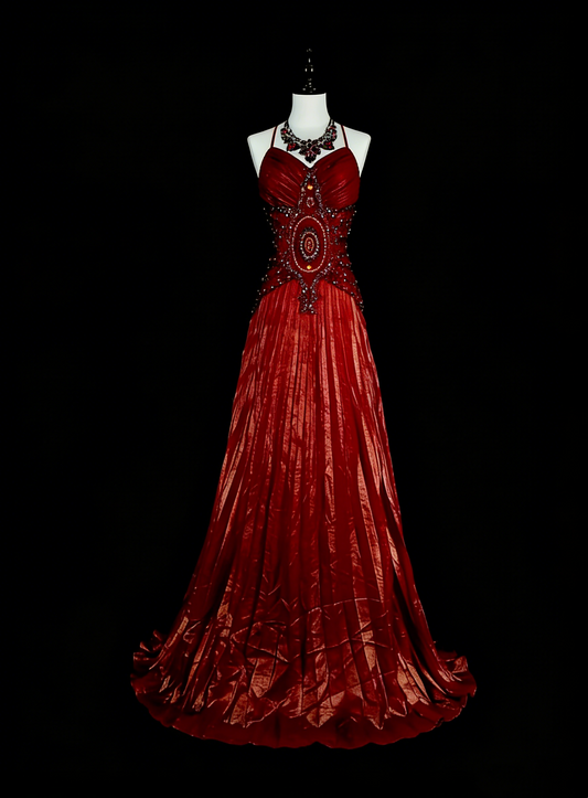 Vintage Prom Dresses A line Halter Spaghetti Strap Burgundy With Beading 1980s Long Formal Gown N2704