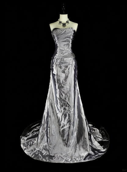 Vintage Prom Dresses Aesthetic Mermaid Strapless Silver Grey Taffeta Classic Inspo Party Dress N2001