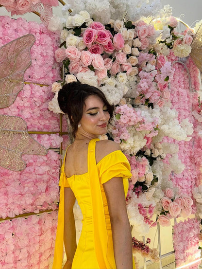 Gorgeous Yellow Sheath Off The Shoulder Yellow Satin High Slit Prom Dresses With Scarf AB190